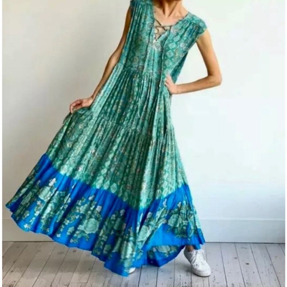 Free People Hanalei Bay Maxi Dress in Blue Hawaiian Print size XL